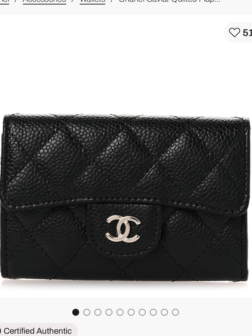 CHANEL Black Quilted Caviar Small Flap Card Wallet with Silver CC